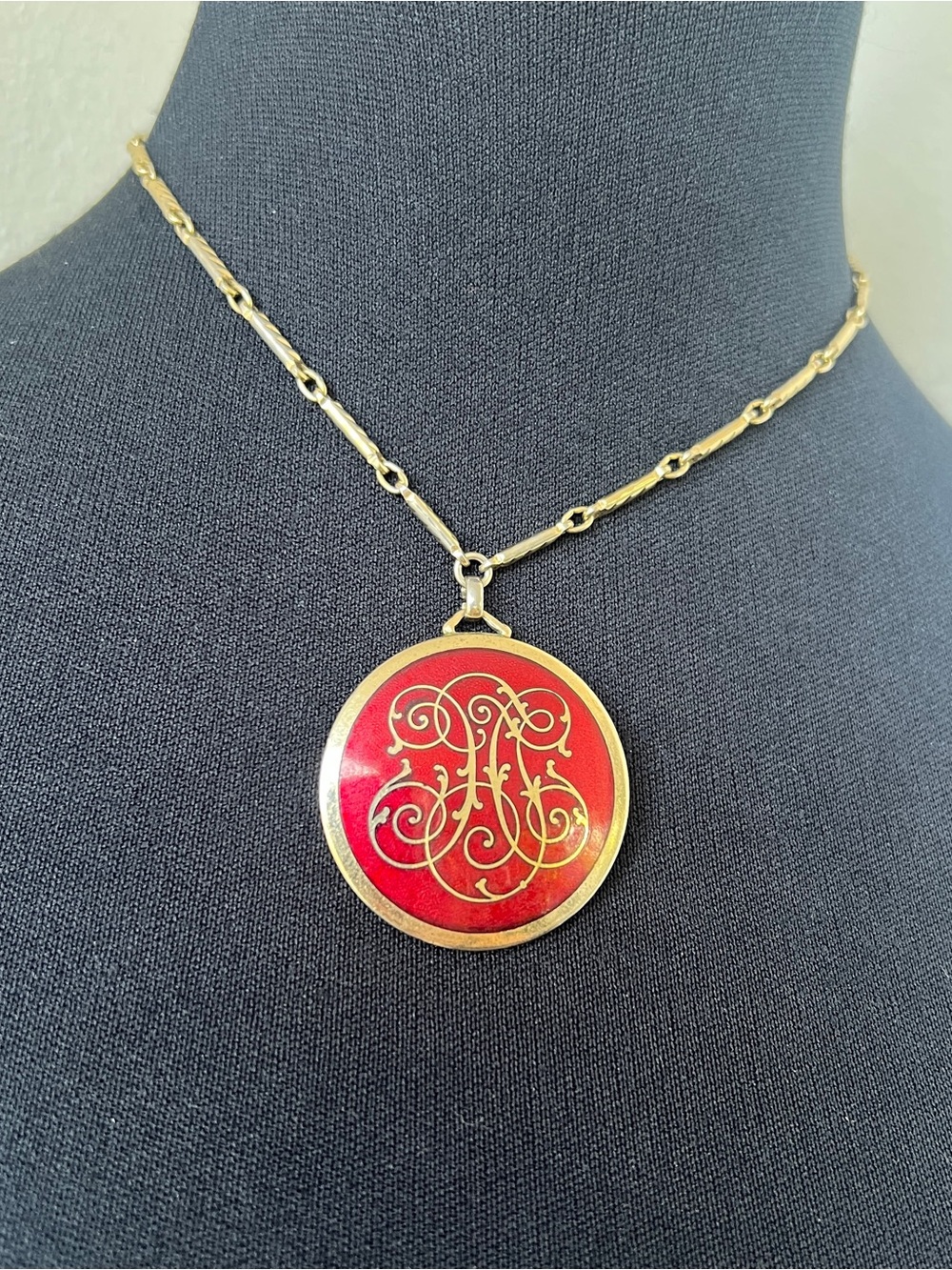 Vintage Medallion Bar Link Pendant Necklace Red Enamel Monogram Choker